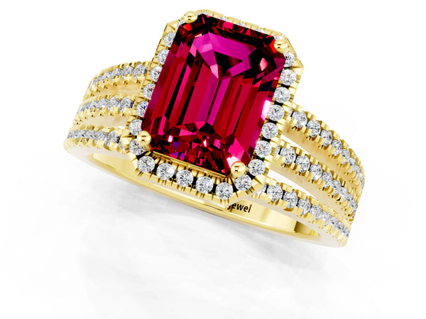 Yellow gold Emerald Cut Garnet Halo Engagement Ring with Split Shank and Four-Prong Setting