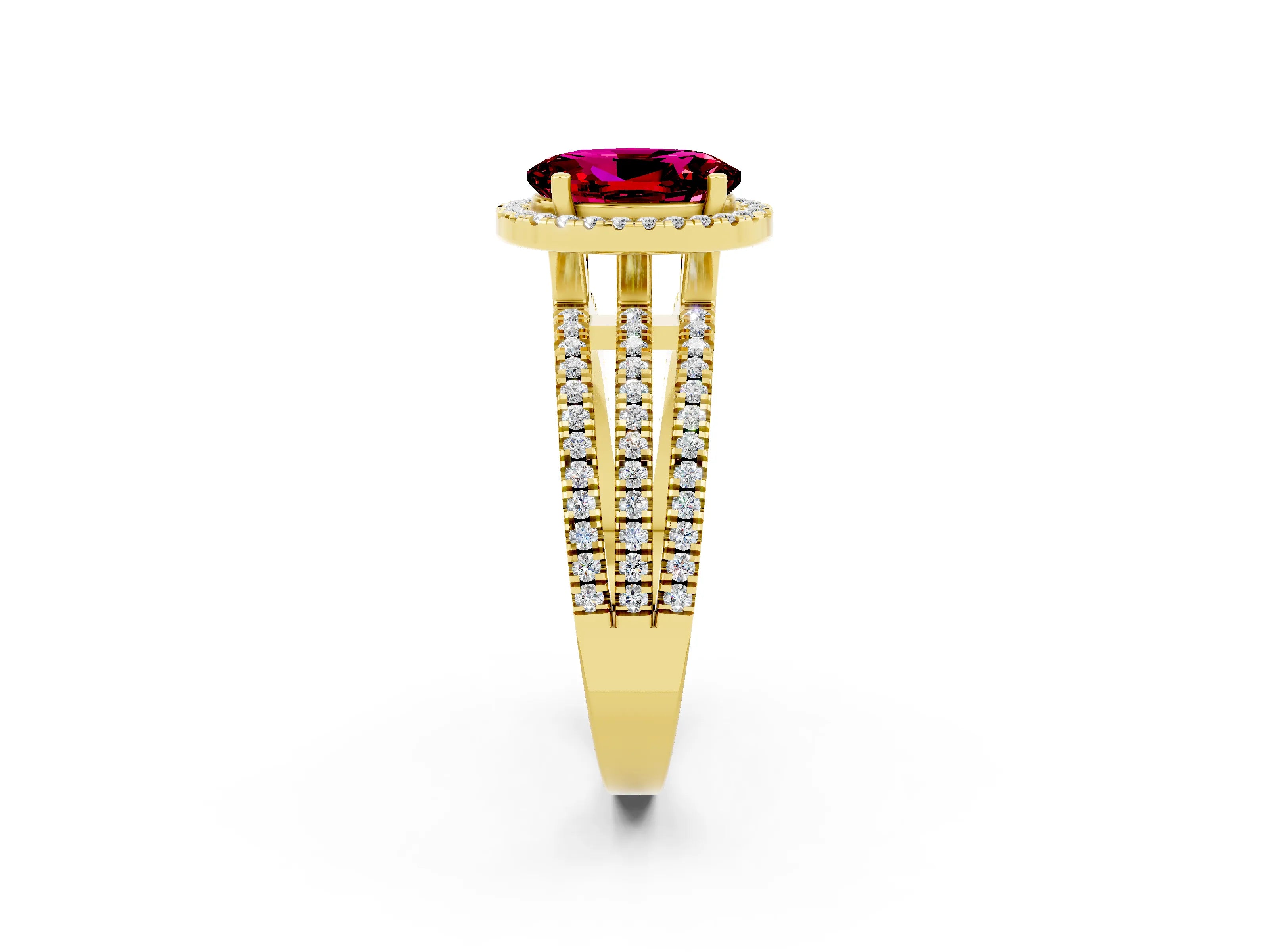 Yellow gold {shape_name} Garnet Halo Engagement Ring with Split Shank and Four-Prong Setting_2