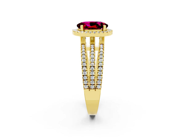 Yellow gold Oval Cut Garnet Halo Engagement Ring with Split Shank and Four-Prong Setting