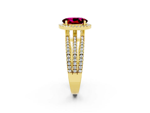 Yellow gold {shape_name} Garnet Halo Engagement Ring with Split Shank and Four-Prong Setting_2