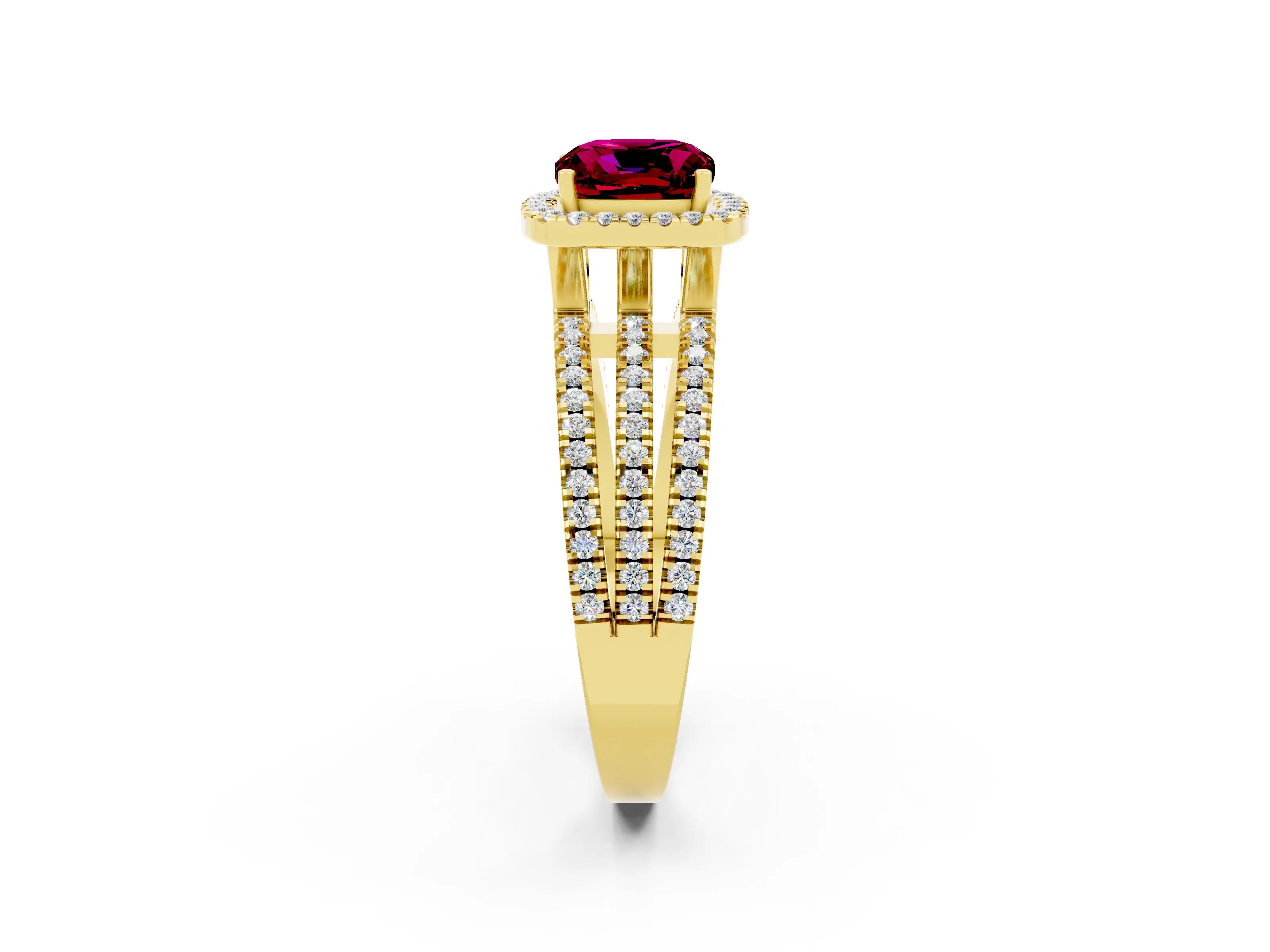 Yellow gold {shape_name} Garnet Halo Engagement Ring with Split Shank and Four-Prong Setting_2