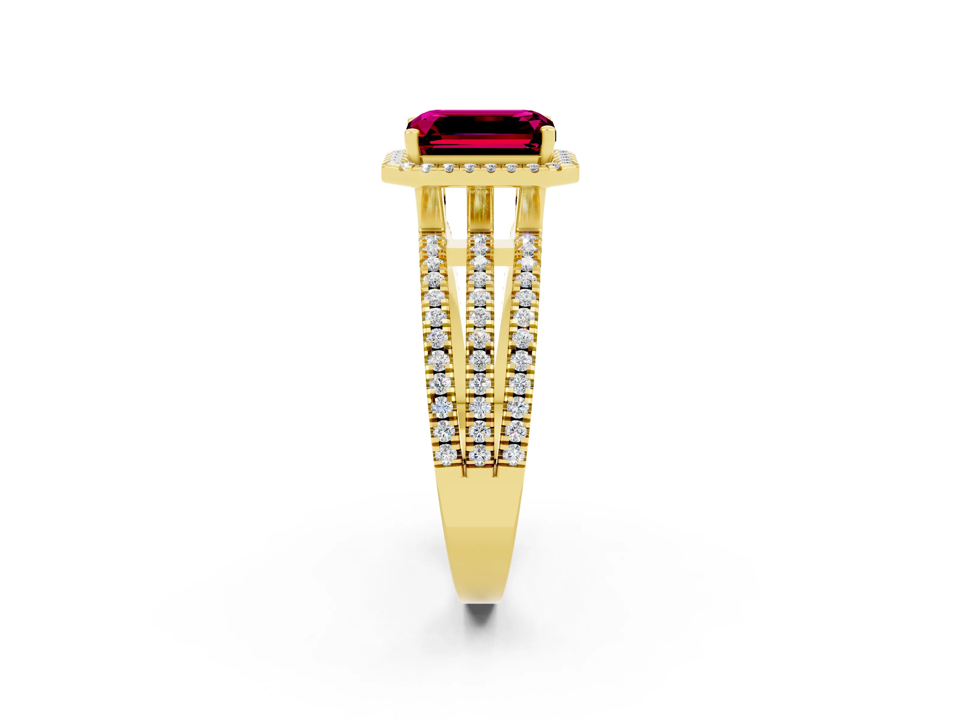 Yellow gold {shape_name} Garnet Halo Engagement Ring with Split Shank and Four-Prong Setting_2