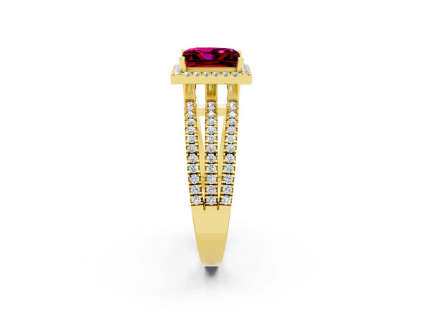 Yellow gold Princess Cut Garnet Halo Engagement Ring with Split Shank and Four-Prong Setting