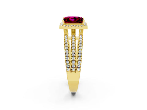 Yellow gold {shape_name} Garnet Halo Engagement Ring with Split Shank and Four-Prong Setting_2