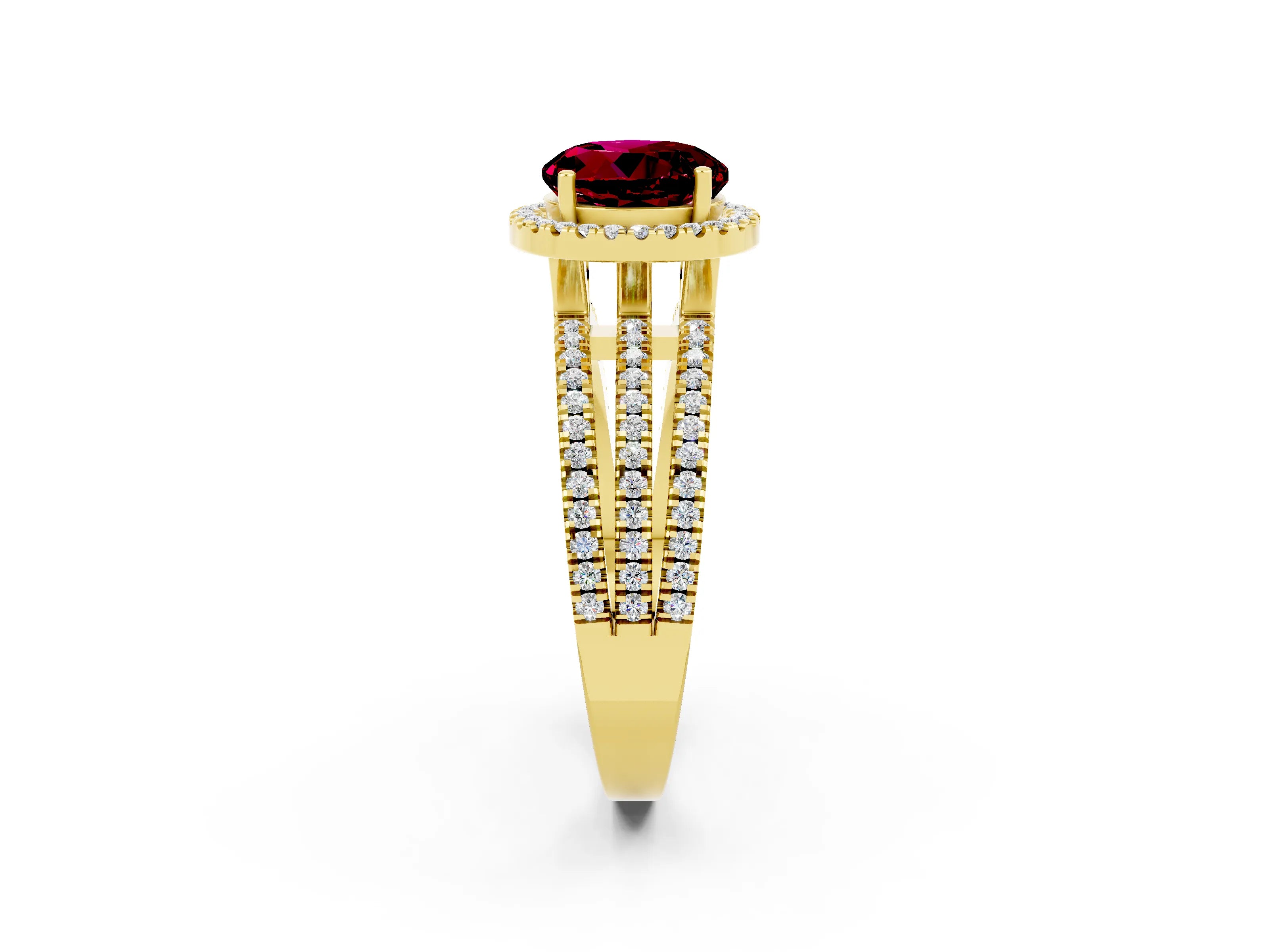 Yellow gold {shape_name} Garnet Halo Engagement Ring with Split Shank and Four-Prong Setting_2