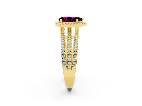 Yellow gold {shape_name} Garnet Halo Engagement Ring with Split Shank and Four-Prong Setting_2