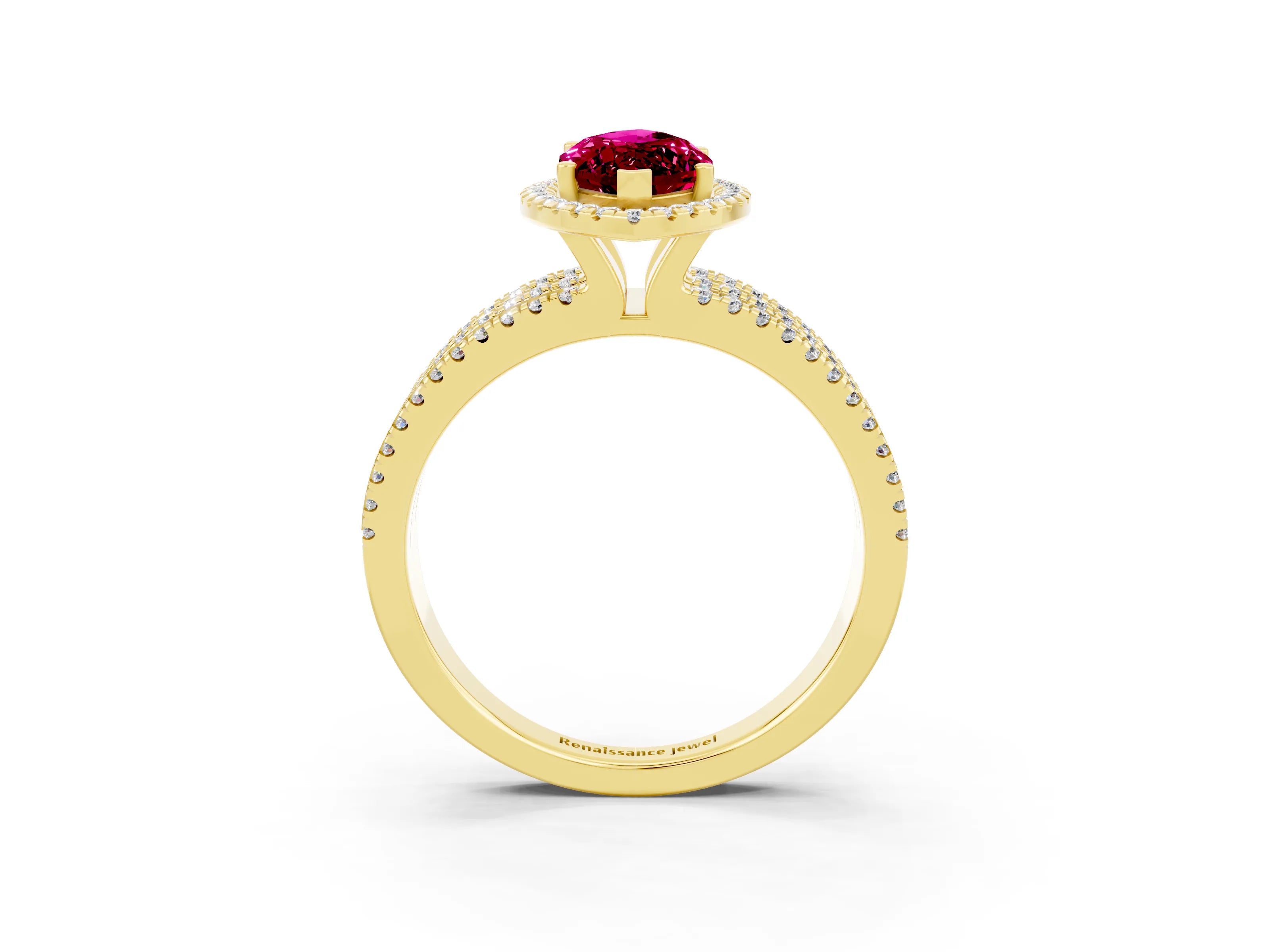 Yellow gold {shape_name} Garnet Halo Engagement Ring with Split Shank and Four-Prong Setting_3