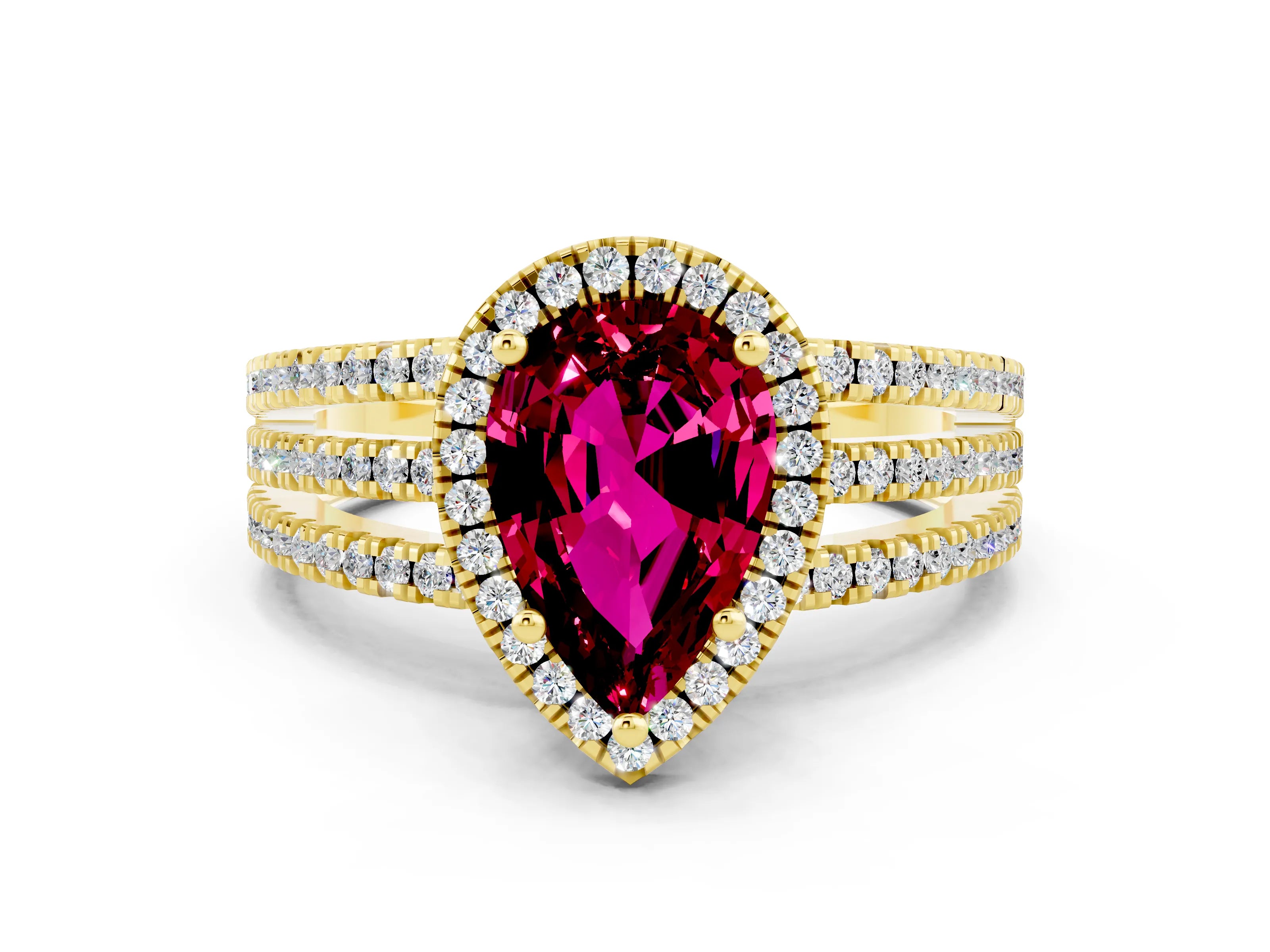 Yellow gold {shape_name} Garnet Halo Engagement Ring with Split Shank and Four-Prong Setting
