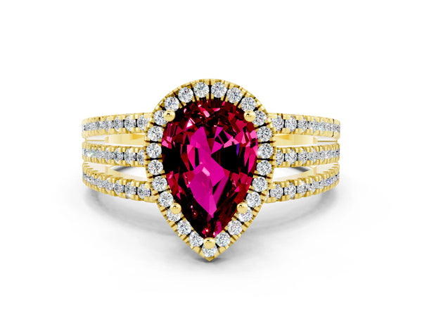 Yellow gold Pear Cut Garnet Halo Engagement Ring with Split Shank and Four-Prong Setting