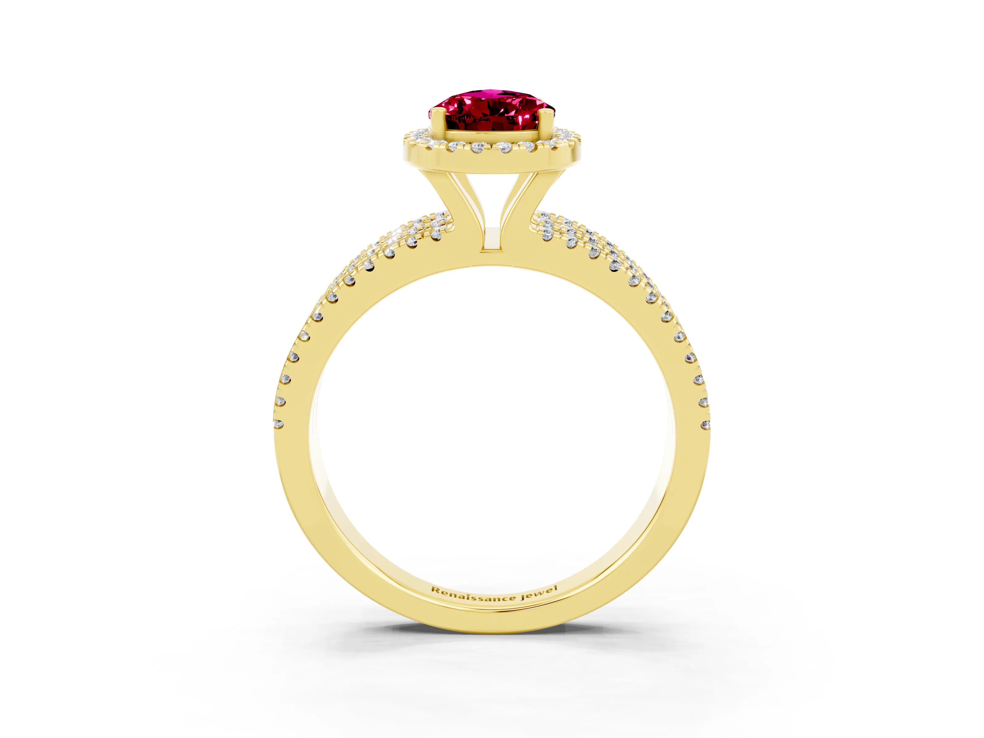 Yellow gold {shape_name} Garnet Halo Engagement Ring with Split Shank and Four-Prong Setting_3