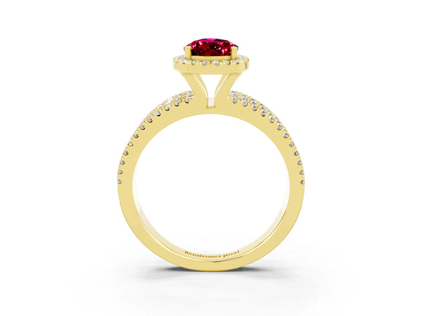 Yellow gold Pear Cut Garnet Halo Engagement Ring with Split Shank and Four-Prong Setting