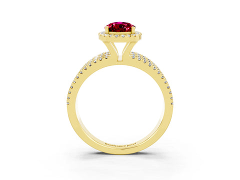 Yellow gold {shape_name} Garnet Halo Engagement Ring with Split Shank and Four-Prong Setting_3