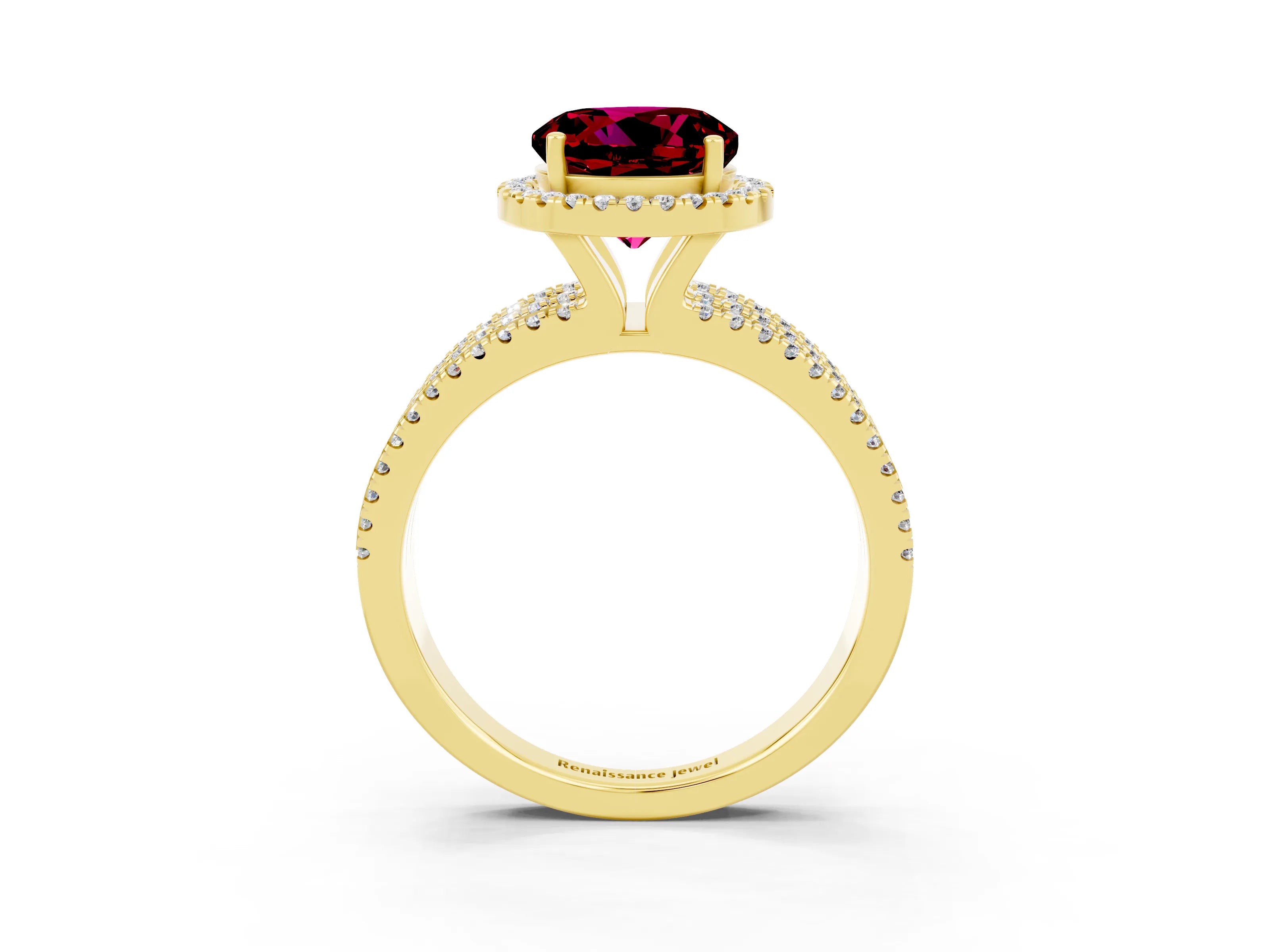 Yellow gold {shape_name} Garnet Halo Engagement Ring with Split Shank and Four-Prong Setting_3