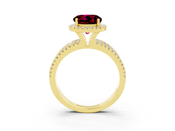 Yellow gold Round Cut Garnet Halo Engagement Ring with Split Shank and Four-Prong Setting