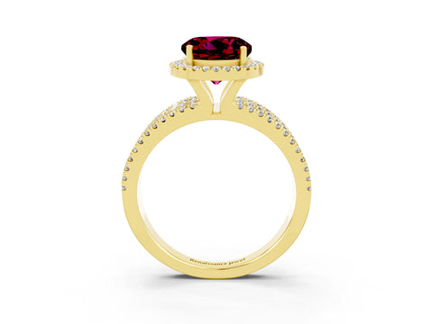 Yellow gold {shape_name} Garnet Halo Engagement Ring with Split Shank and Four-Prong Setting_3
