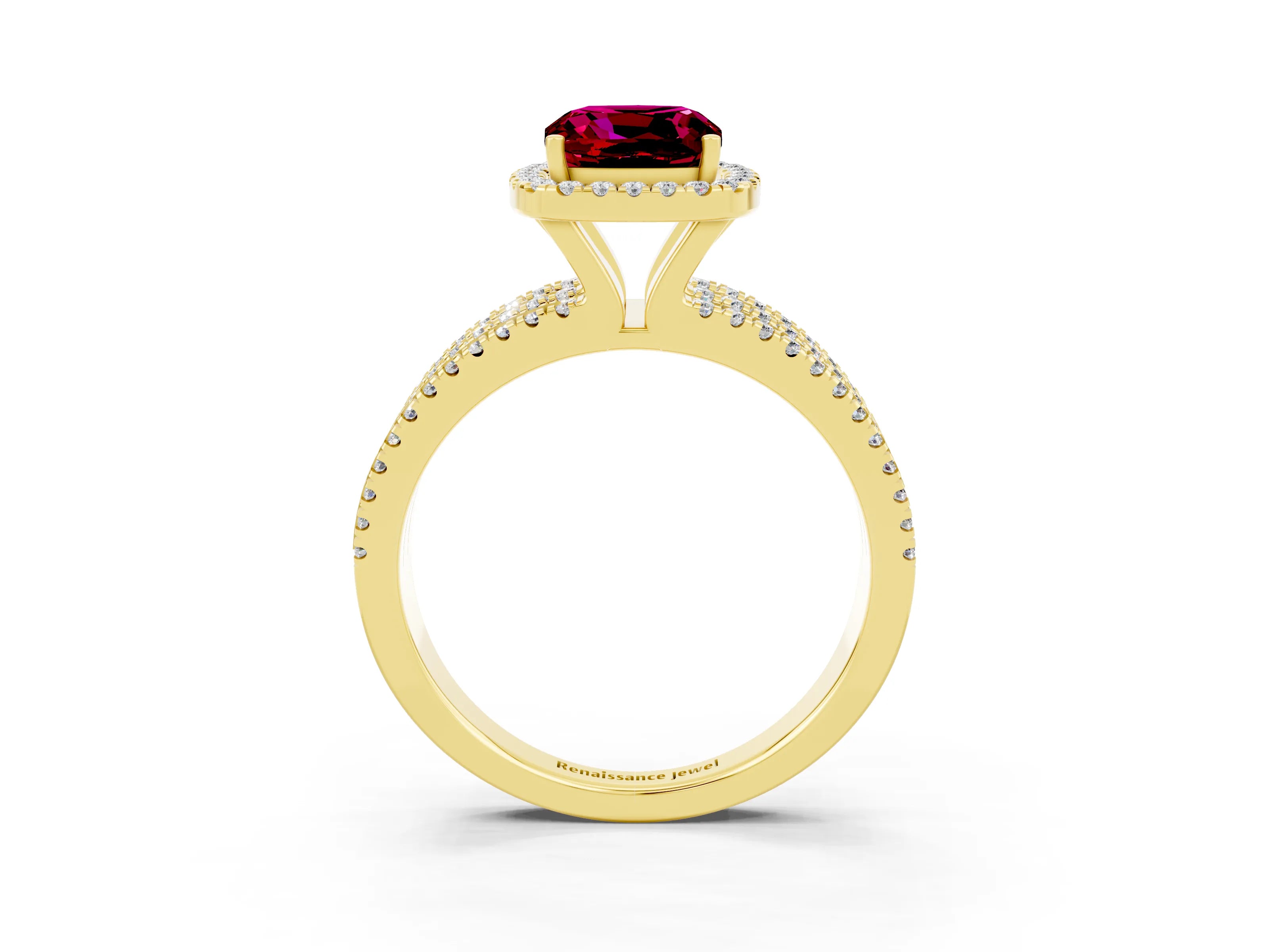 Yellow gold {shape_name} Garnet Halo Engagement Ring with Split Shank and Four-Prong Setting_3