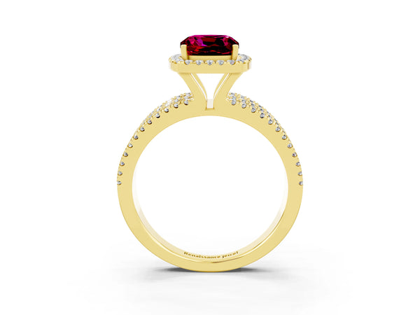 Yellow gold Cushion Cut Garnet Halo Engagement Ring with Split Shank and Four-Prong Setting