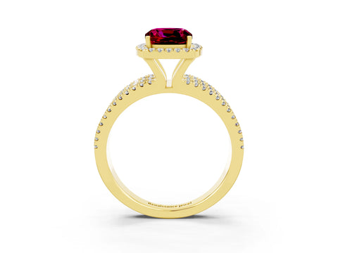 Yellow gold {shape_name} Garnet Halo Engagement Ring with Split Shank and Four-Prong Setting_3