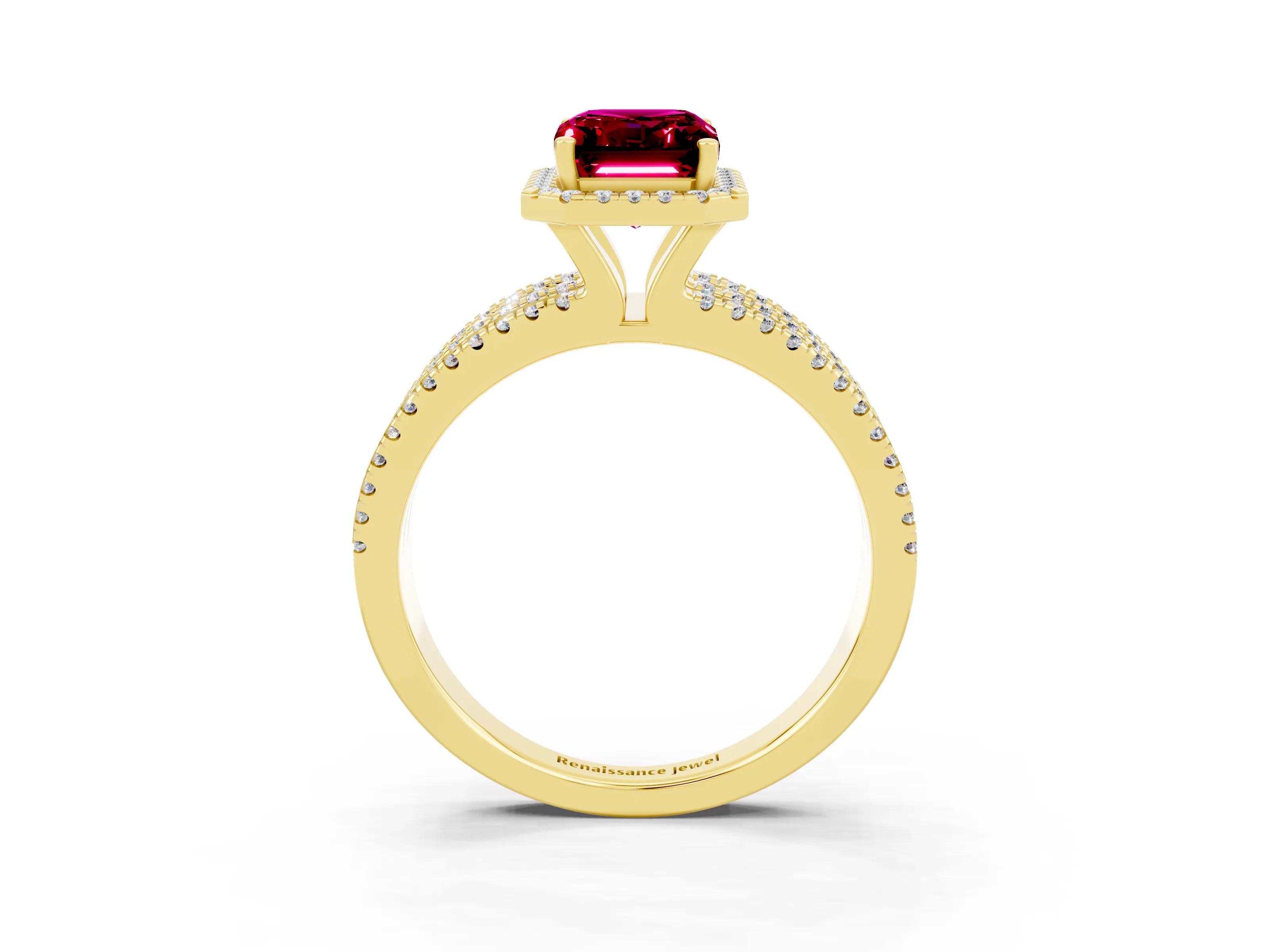 Yellow gold {shape_name} Garnet Halo Engagement Ring with Split Shank and Four-Prong Setting_3