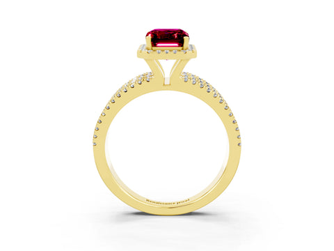 Yellow gold {shape_name} Garnet Halo Engagement Ring with Split Shank and Four-Prong Setting_3