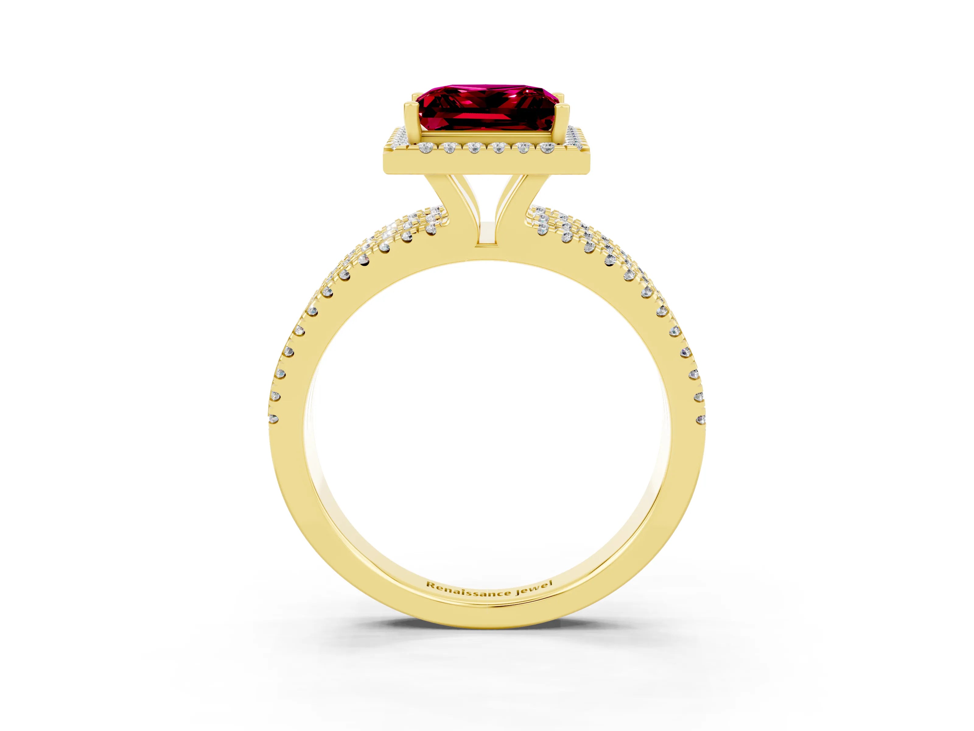Yellow gold {shape_name} Garnet Halo Engagement Ring with Split Shank and Four-Prong Setting_3