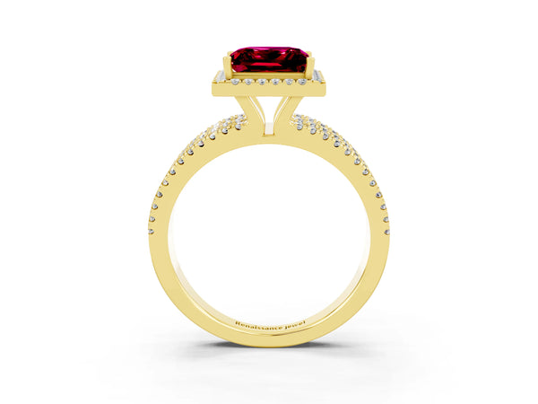 Yellow gold Princess Cut Garnet Halo Engagement Ring with Split Shank and Four-Prong Setting