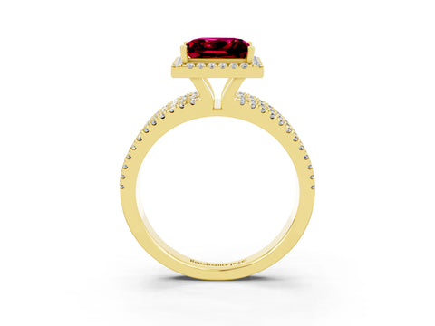 Yellow gold {shape_name} Garnet Halo Engagement Ring with Split Shank and Four-Prong Setting_3