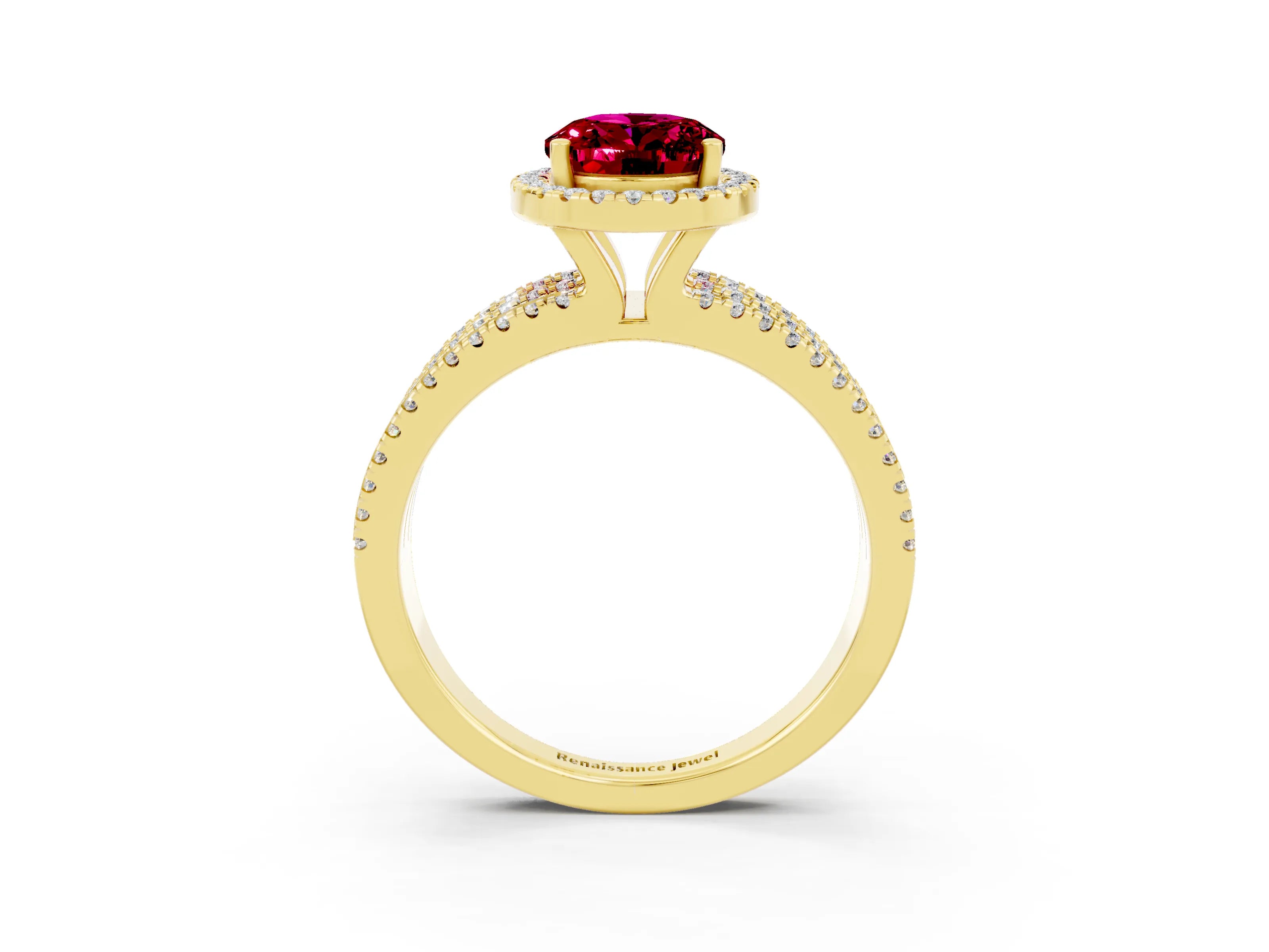 Yellow gold {shape_name} Garnet Halo Engagement Ring with Split Shank and Four-Prong Setting_3