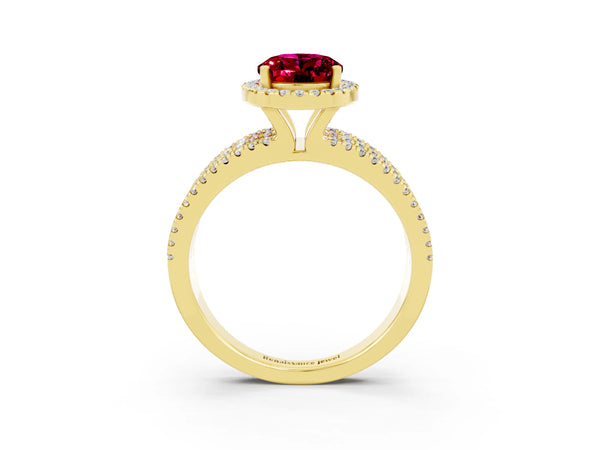 Yellow gold Oval Cut Garnet Halo Engagement Ring with Split Shank and Four-Prong Setting