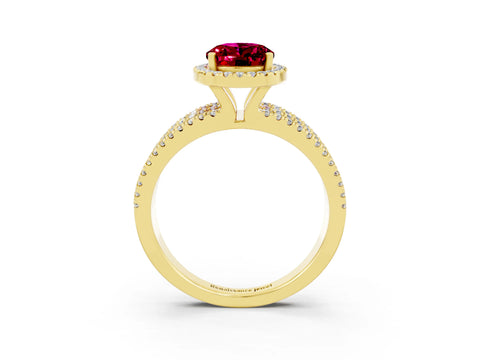 Yellow gold {shape_name} Garnet Halo Engagement Ring with Split Shank and Four-Prong Setting_3