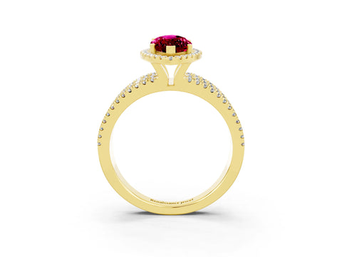 Yellow gold {shape_name} Garnet Halo Engagement Ring with Split Shank and Four-Prong Setting_3