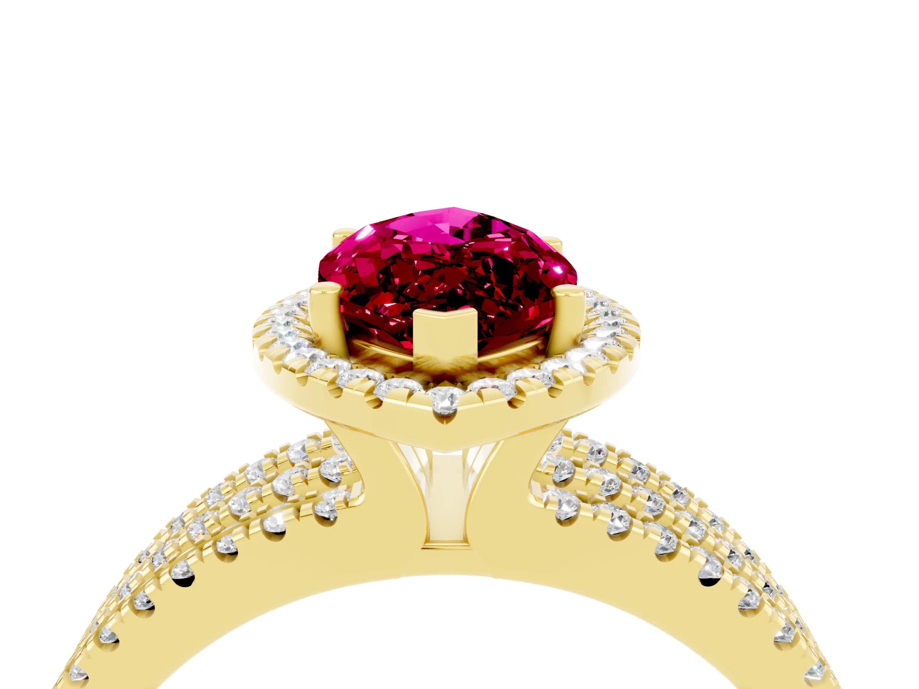 Yellow gold {shape_name} Garnet Halo Engagement Ring with Split Shank and Four-Prong Setting_4