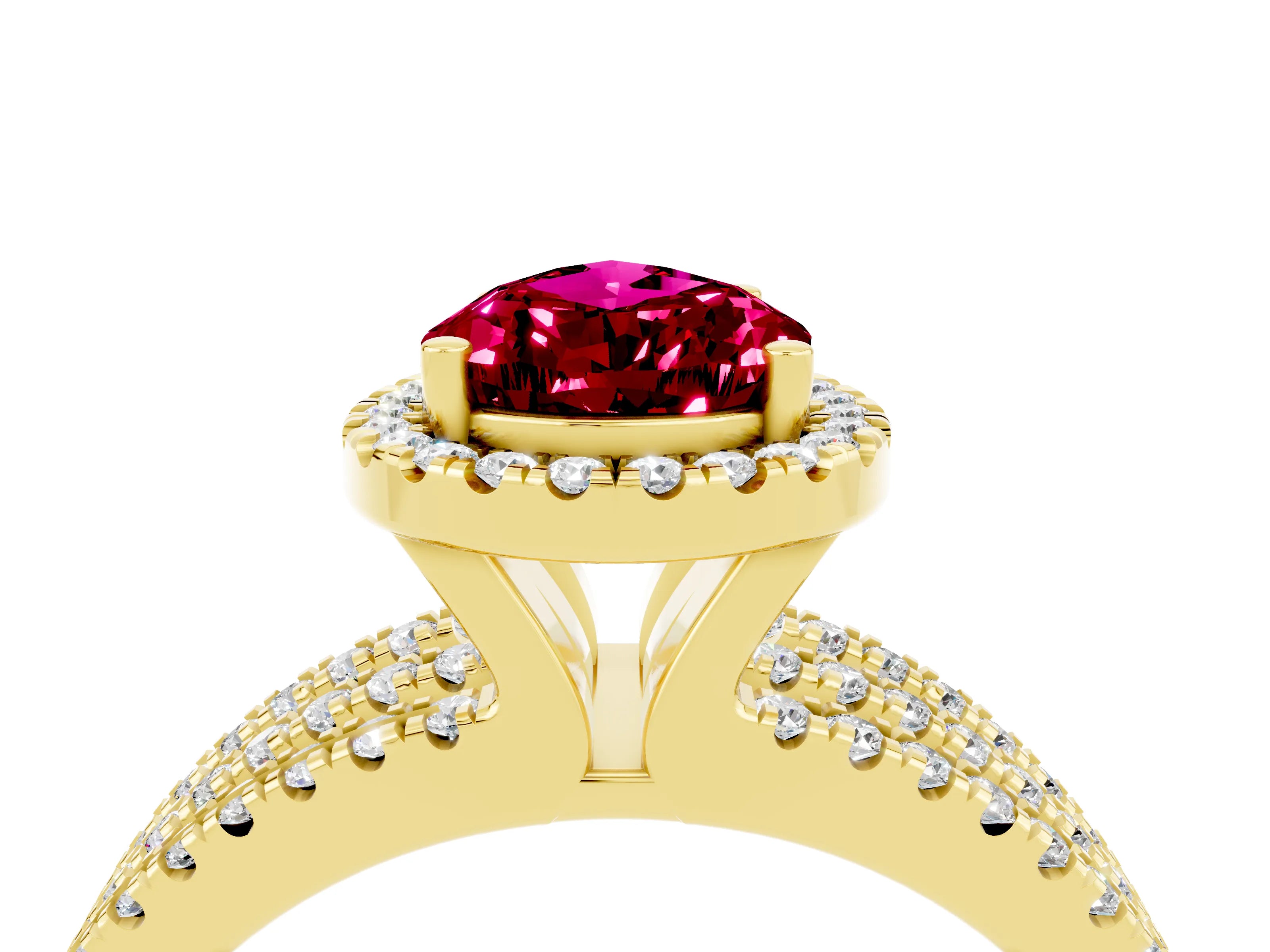 Yellow gold {shape_name} Garnet Halo Engagement Ring with Split Shank and Four-Prong Setting_4