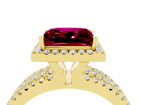 Yellow gold {shape_name} Garnet Halo Engagement Ring with Split Shank and Four-Prong Setting_4