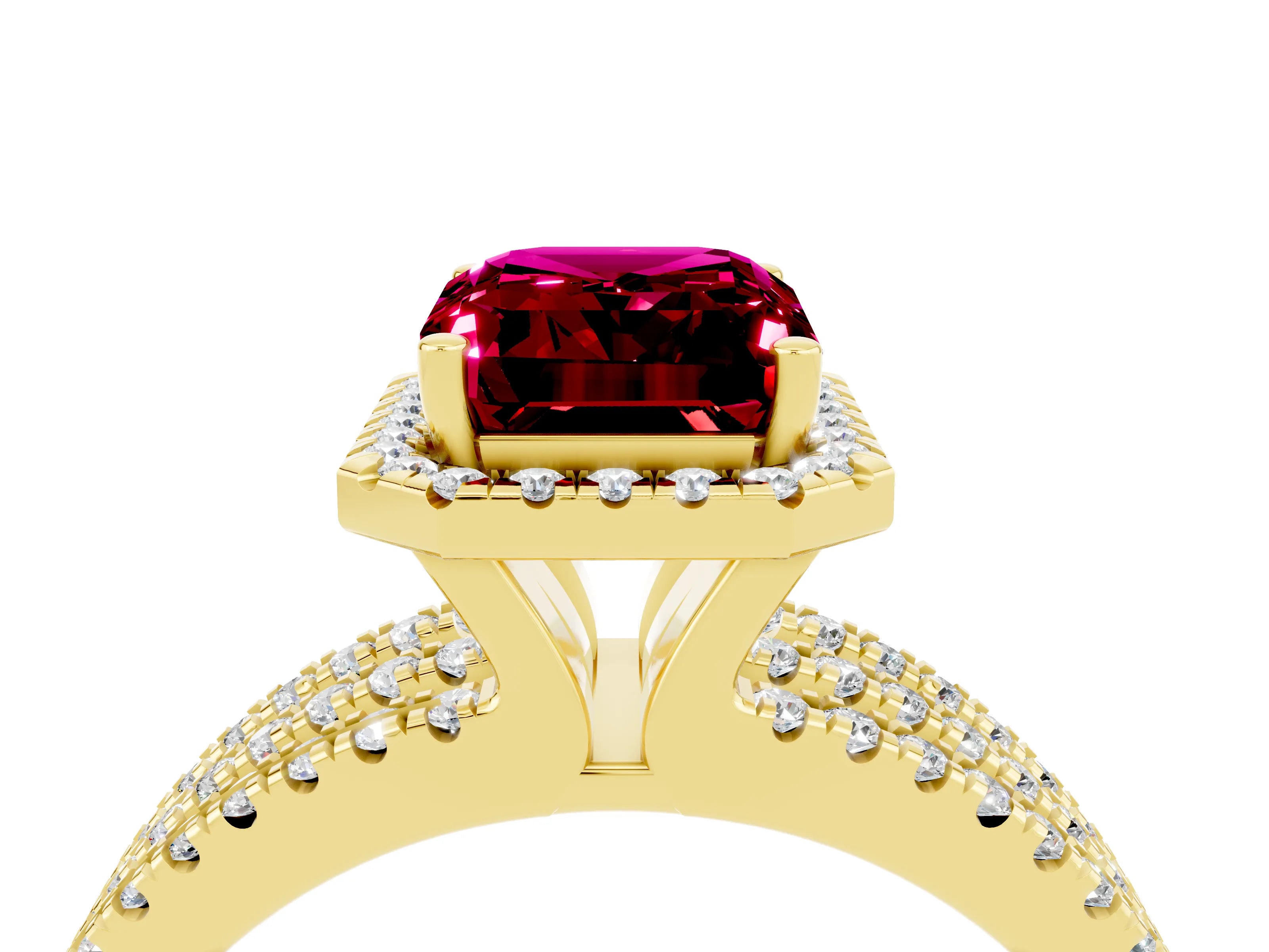 Yellow gold {shape_name} Garnet Halo Engagement Ring with Split Shank and Four-Prong Setting_4