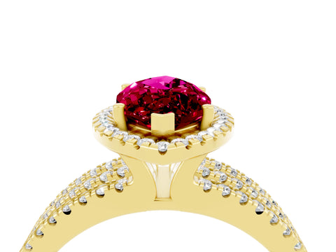 Yellow gold {shape_name} Garnet Halo Engagement Ring with Split Shank and Four-Prong Setting_4