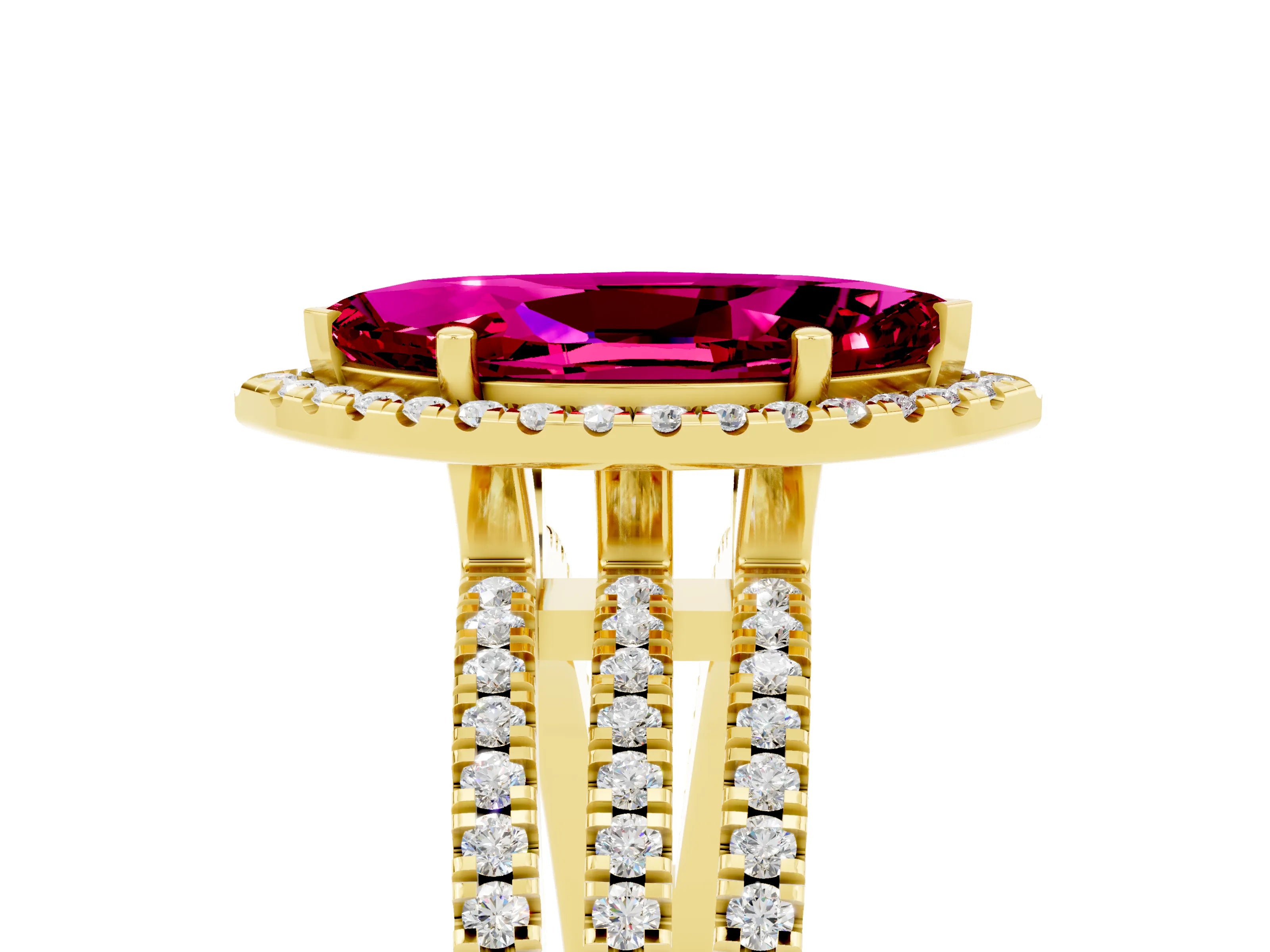 Yellow gold {shape_name} Garnet Halo Engagement Ring with Split Shank and Four-Prong Setting_5