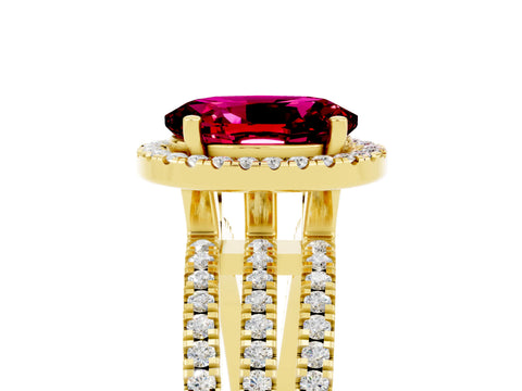 Yellow gold {shape_name} Garnet Halo Engagement Ring with Split Shank and Four-Prong Setting_5
