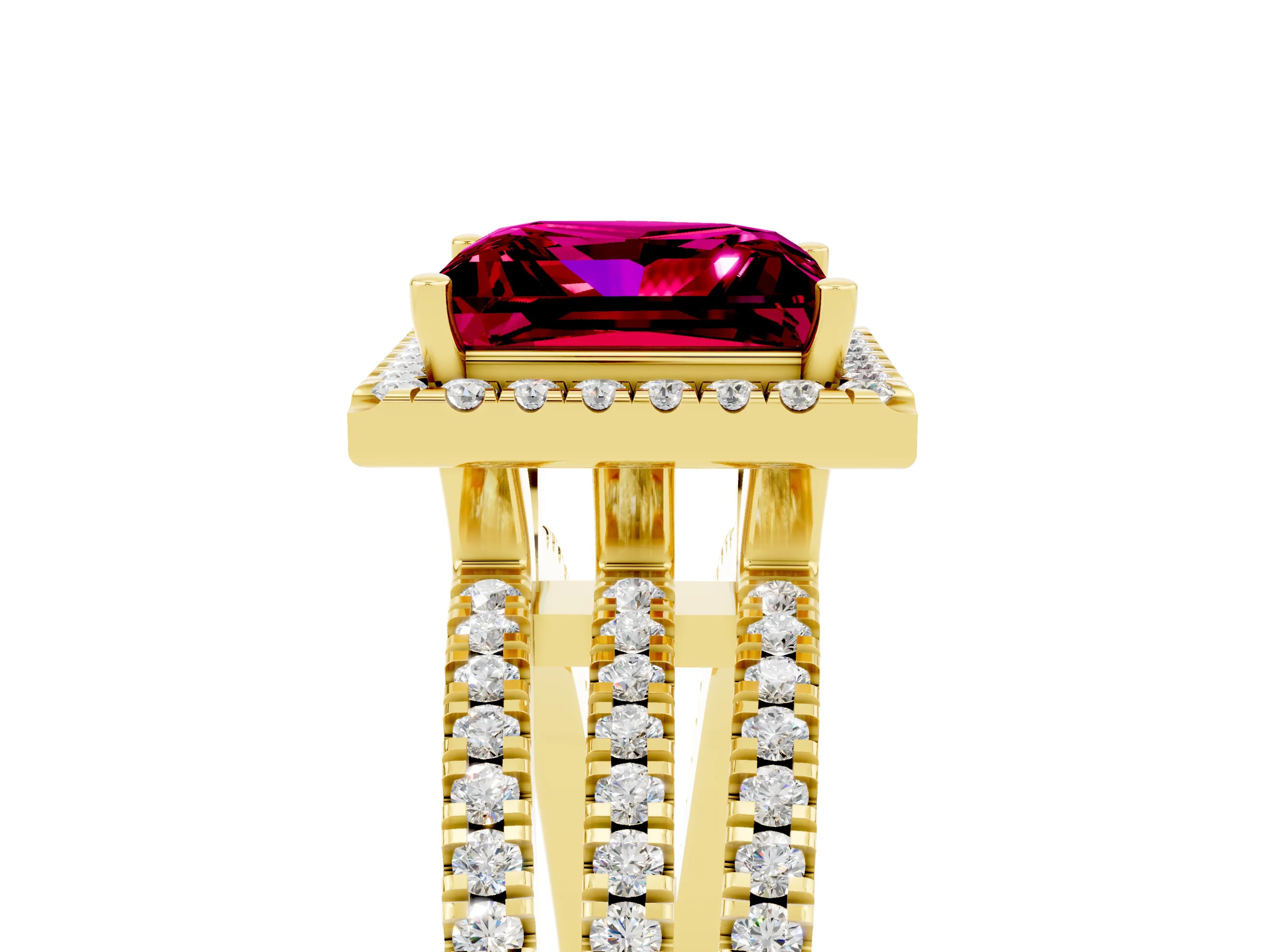 Yellow gold {shape_name} Garnet Halo Engagement Ring with Split Shank and Four-Prong Setting_5