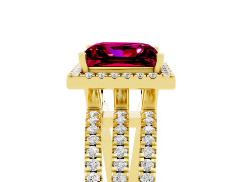 Yellow gold {shape_name} Garnet Halo Engagement Ring with Split Shank and Four-Prong Setting_5