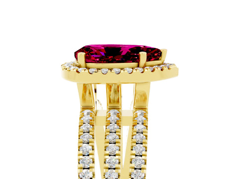 Yellow gold {shape_name} Garnet Halo Engagement Ring with Split Shank and Four-Prong Setting_5