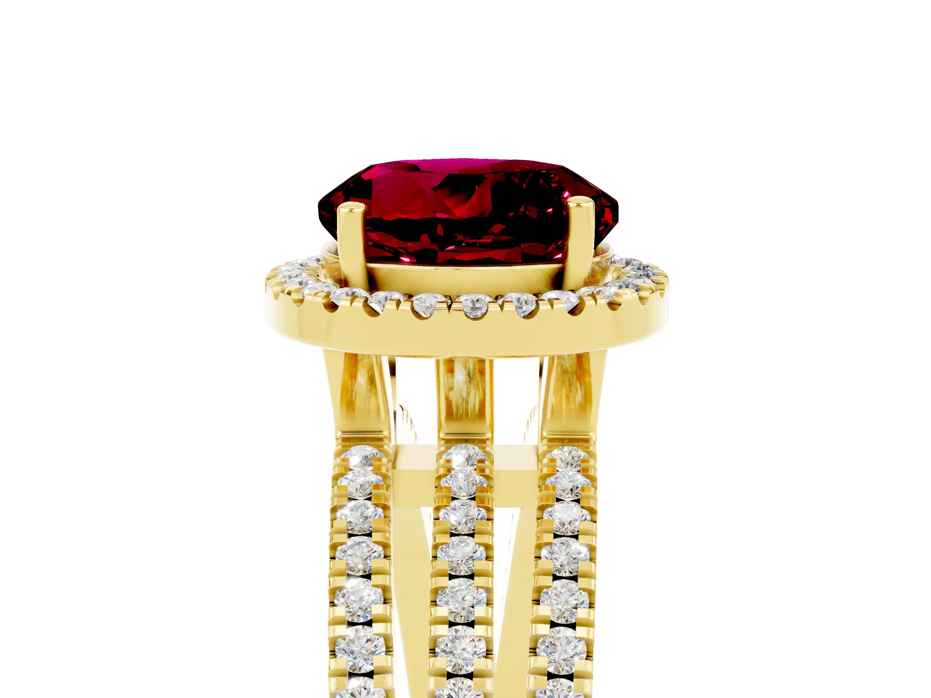 Yellow gold {shape_name} Garnet Halo Engagement Ring with Split Shank and Four-Prong Setting_5