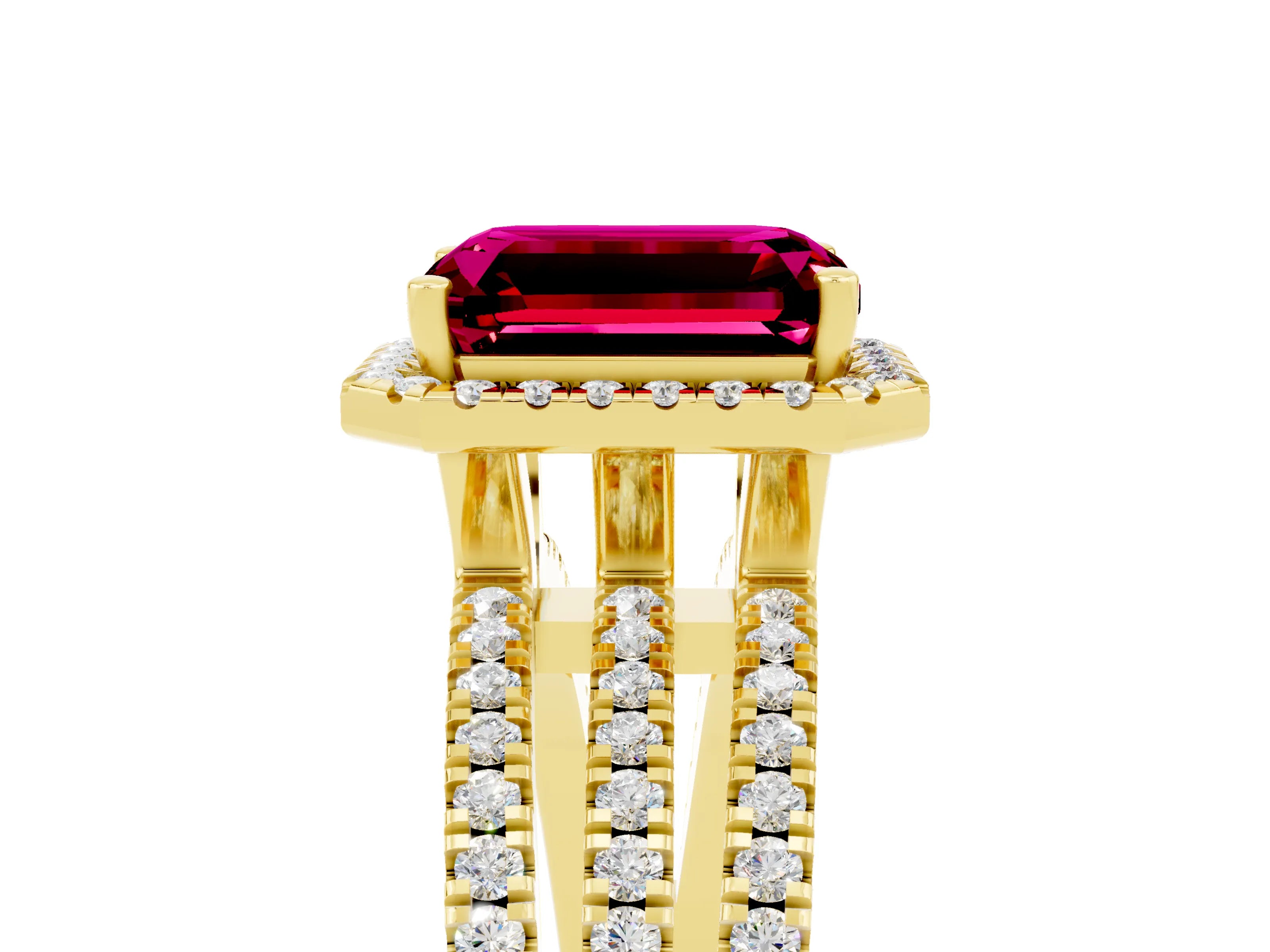 Yellow gold {shape_name} Garnet Halo Engagement Ring with Split Shank and Four-Prong Setting_5