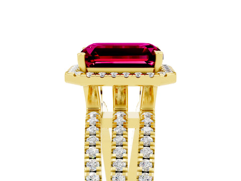 Yellow gold {shape_name} Garnet Halo Engagement Ring with Split Shank and Four-Prong Setting_5