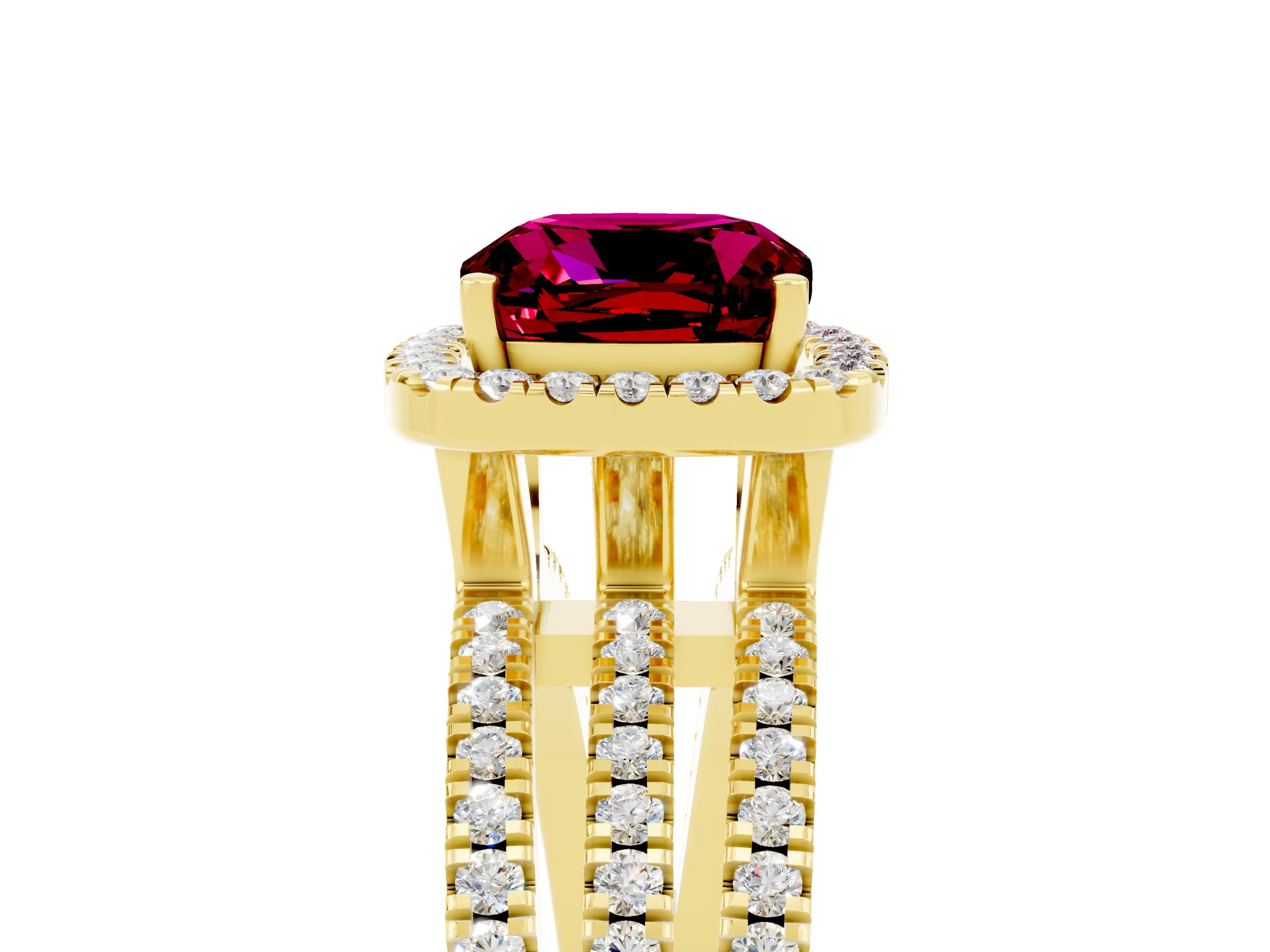 Yellow gold {shape_name} Garnet Halo Engagement Ring with Split Shank and Four-Prong Setting_5