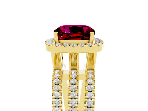 Yellow gold {shape_name} Garnet Halo Engagement Ring with Split Shank and Four-Prong Setting_5