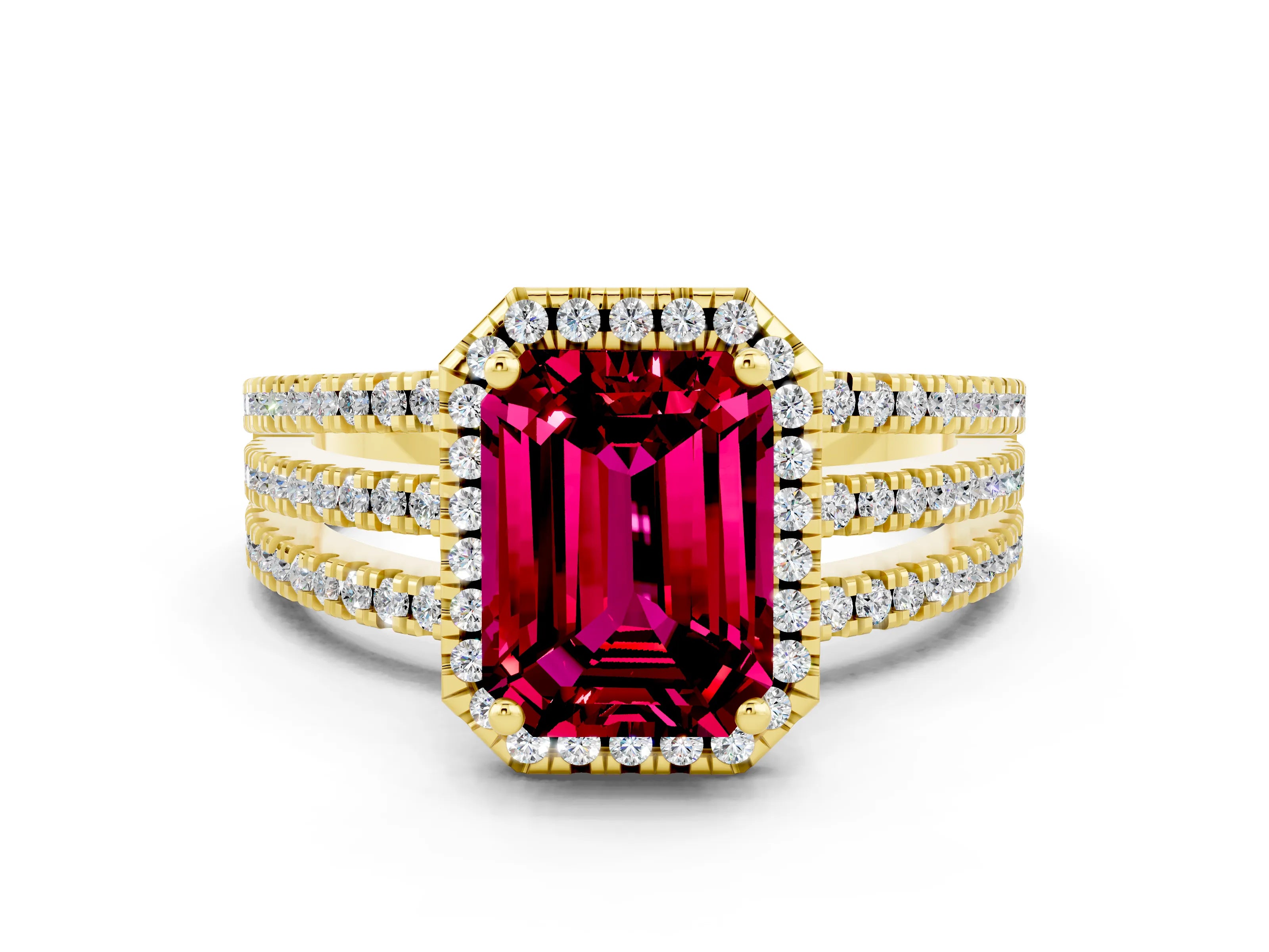 Yellow gold {shape_name} Garnet Halo Engagement Ring with Split Shank and Four-Prong Setting