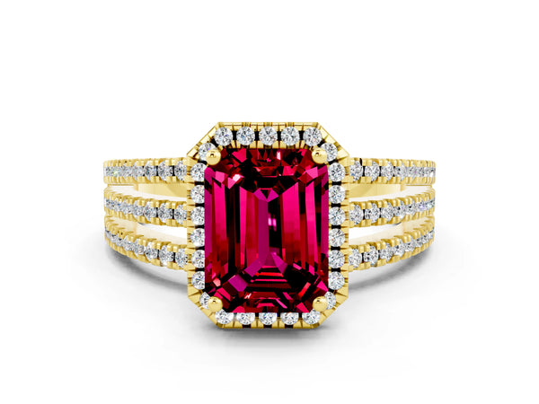 Yellow gold Emerald Cut Garnet Halo Engagement Ring with Split Shank and Four-Prong Setting