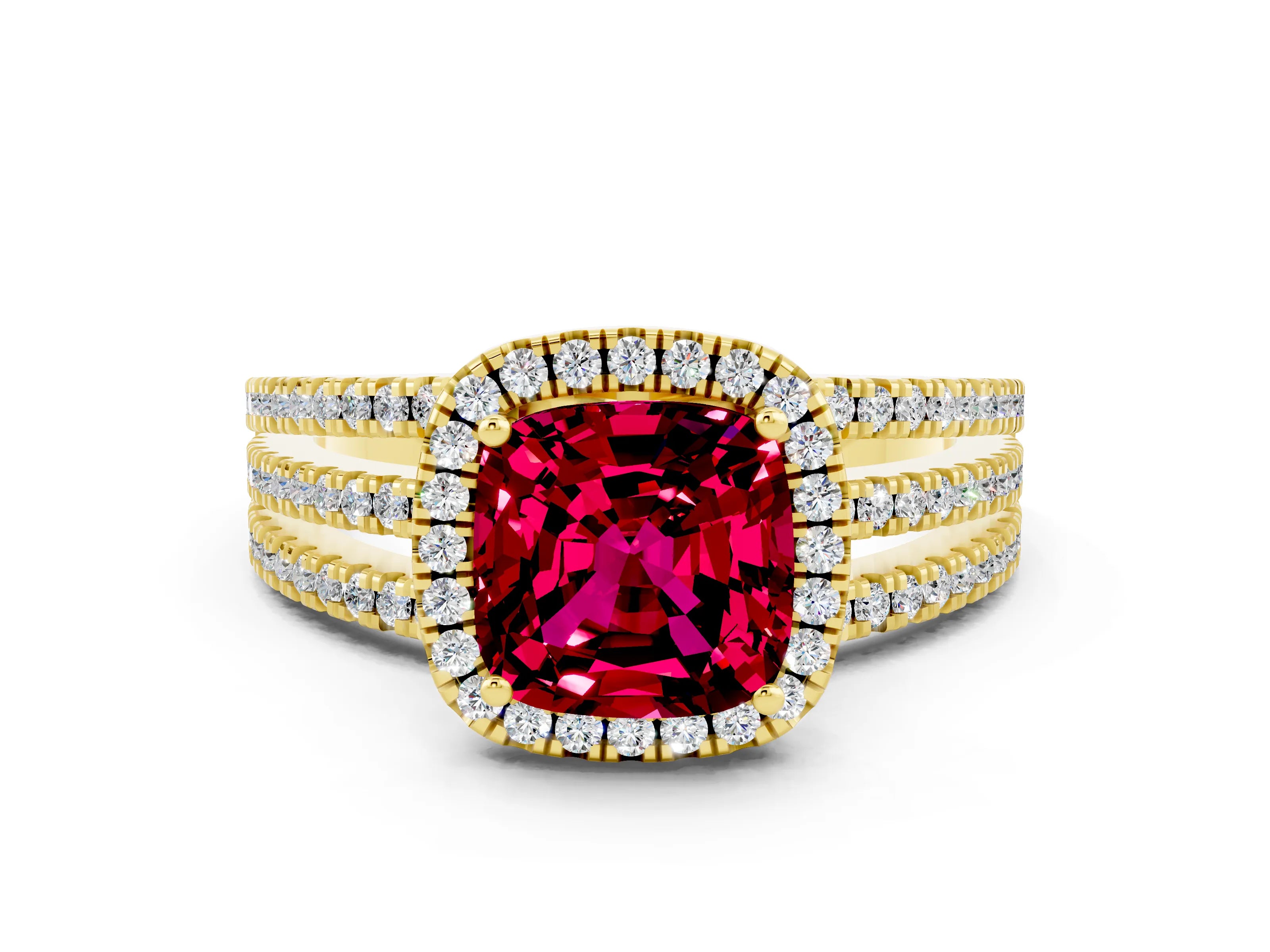 Yellow gold {shape_name} Garnet Halo Engagement Ring with Split Shank and Four-Prong Setting