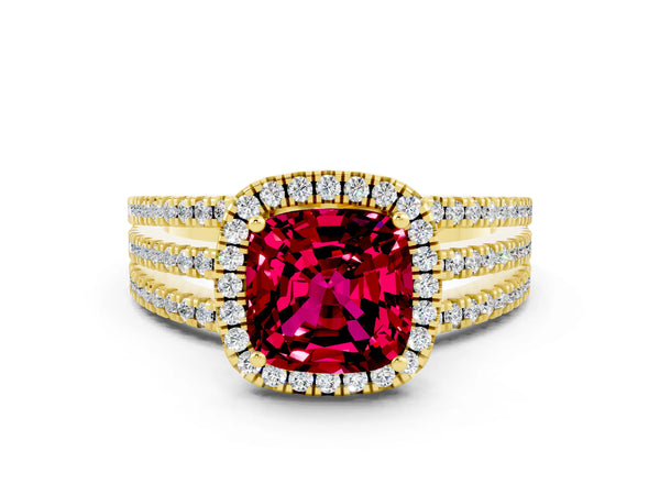 Yellow gold Cushion Cut Garnet Halo Engagement Ring with Split Shank and Four-Prong Setting